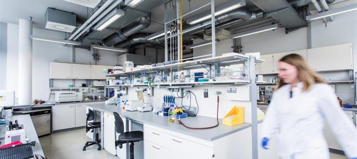Wissenschaftler:innen bewegen sich in einem modernen Labor der Medizinischen Fakultät der Universität Leipzig