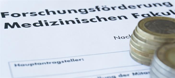 Einige Euro-Münzen liegen gestapelt auf einem Formular mit der Aufschrift Forschungsförderung