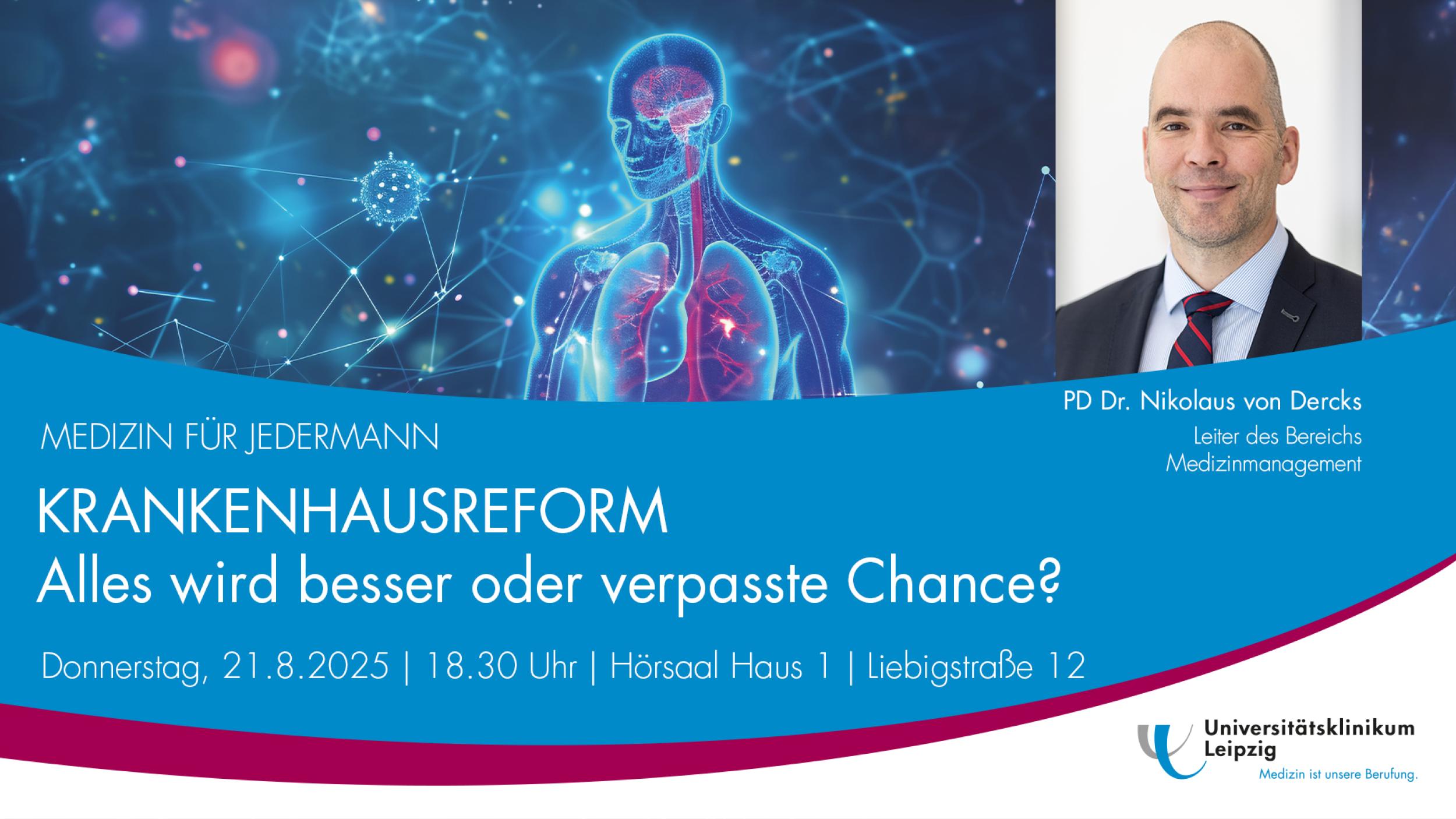 PD Dr. Nikolaus von Dercks, Leiter des Bereichs Medizinmanagement am UKL, spricht zur Krankenhausreform im Rahmen der Veranstaltungsreihe "Medizin für Jedermann".