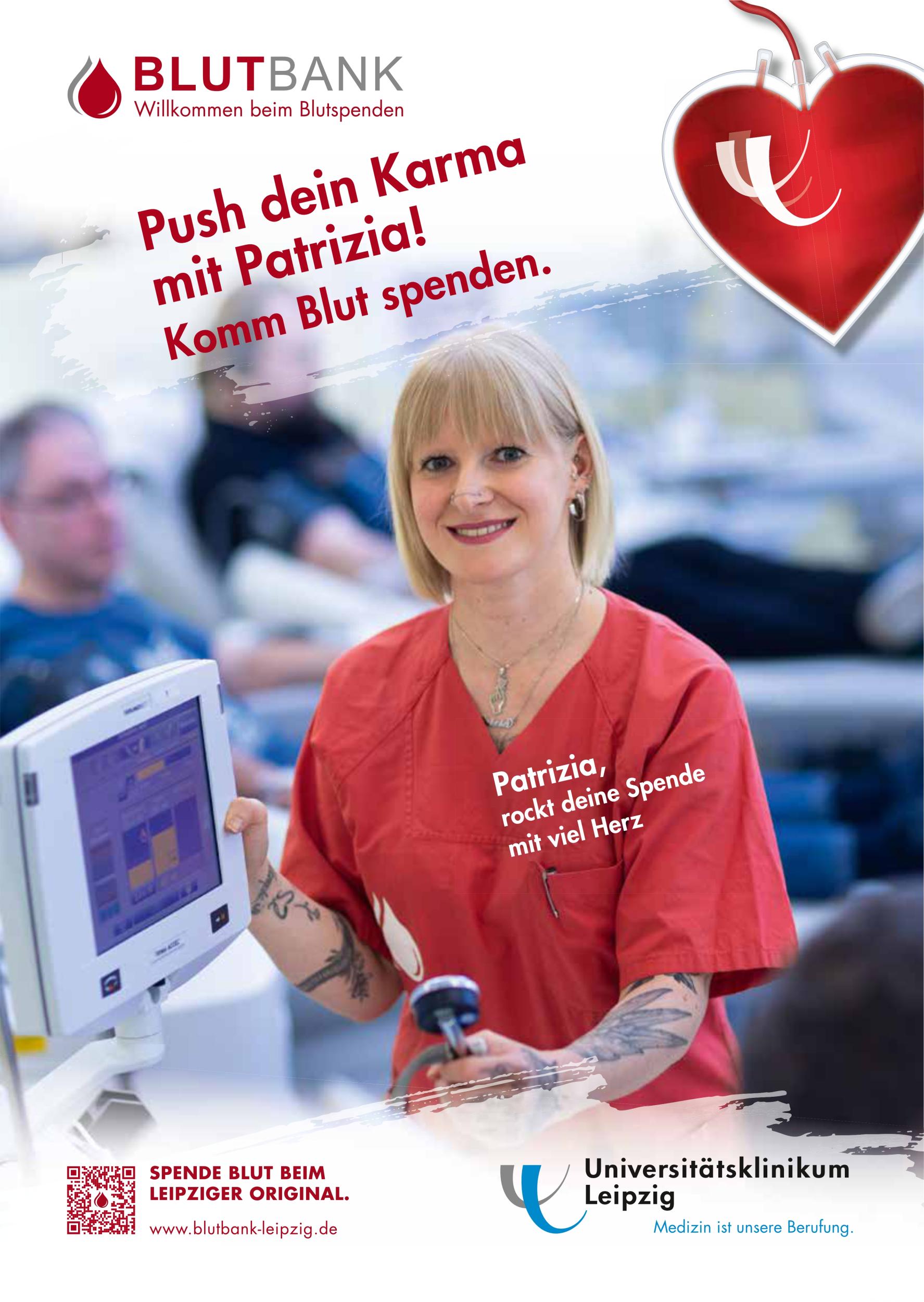 "Push dein Karma mit Patrizia": Blutbank-Mitarbeiterin Patrizia arbeitet in der Entnahme und ist Teil der neuen Motiviationskampagne.