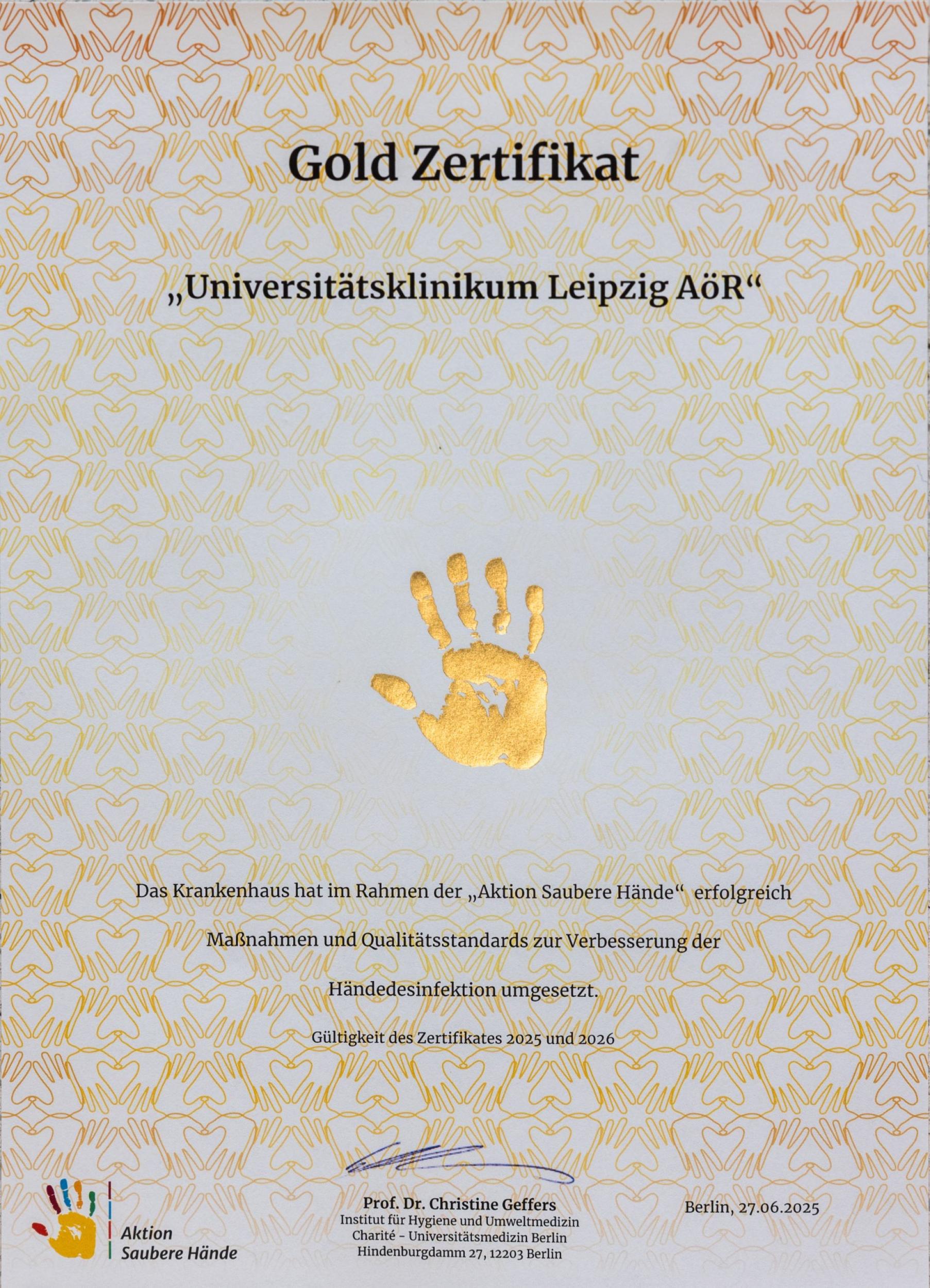 Goldzertifikat der Aktion Saubere Hände für das UKL.