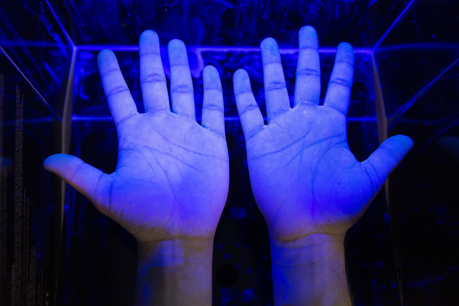 Saubere Hände sind für die Hygiene – auch und besonders im Krankenhaus -  von großer Bedeutung. Unter UV-Licht kann sichtbar werden, ob sie richtig gereinigt und desinfiziert wurden.