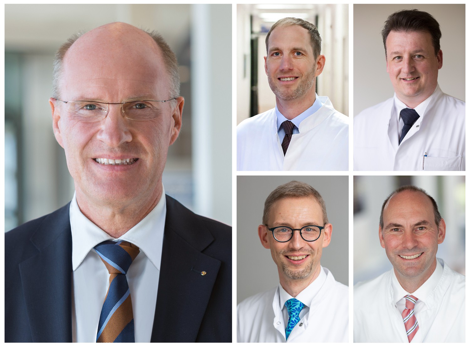 Prof. Dr. Andreas Dietz (li., großes Bild), Direktor der HNO-Klinik am UKL, und seine ärztlichen Kollegen Prof. Bernd Lethaus (MKG, oben li.), Prof. Thomas Kuhnt (Strahlentherapie, oben re.), Prof. Michael Fuchs (Phoniatrie und Audiologie, unten li.) und Prof. Florian Lordick (Onkologie, unten re.) informieren beim Patiententag Kopf-Hals-Krebs am 20. Oktober.