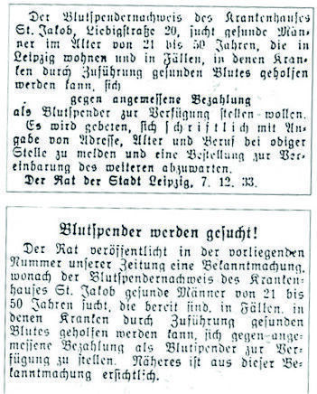 Am 8. Dezember 1933 erschien in einer Leipziger Tageszeitung der 1. überregionale Blutspendeaufruf in Deutschland.