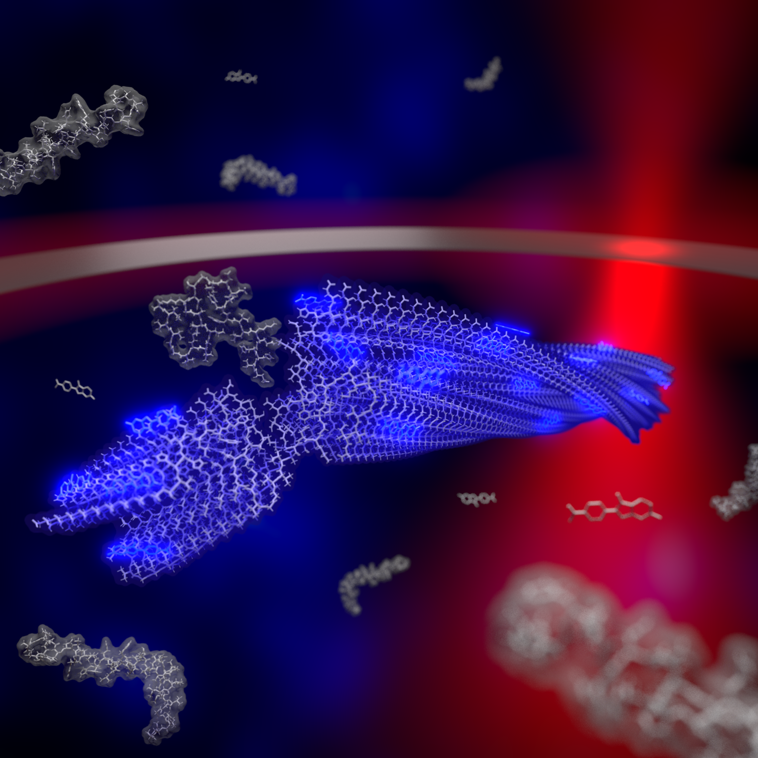 Darstellung einer wachsenden Fibrille in der Falle inklusive Laser.